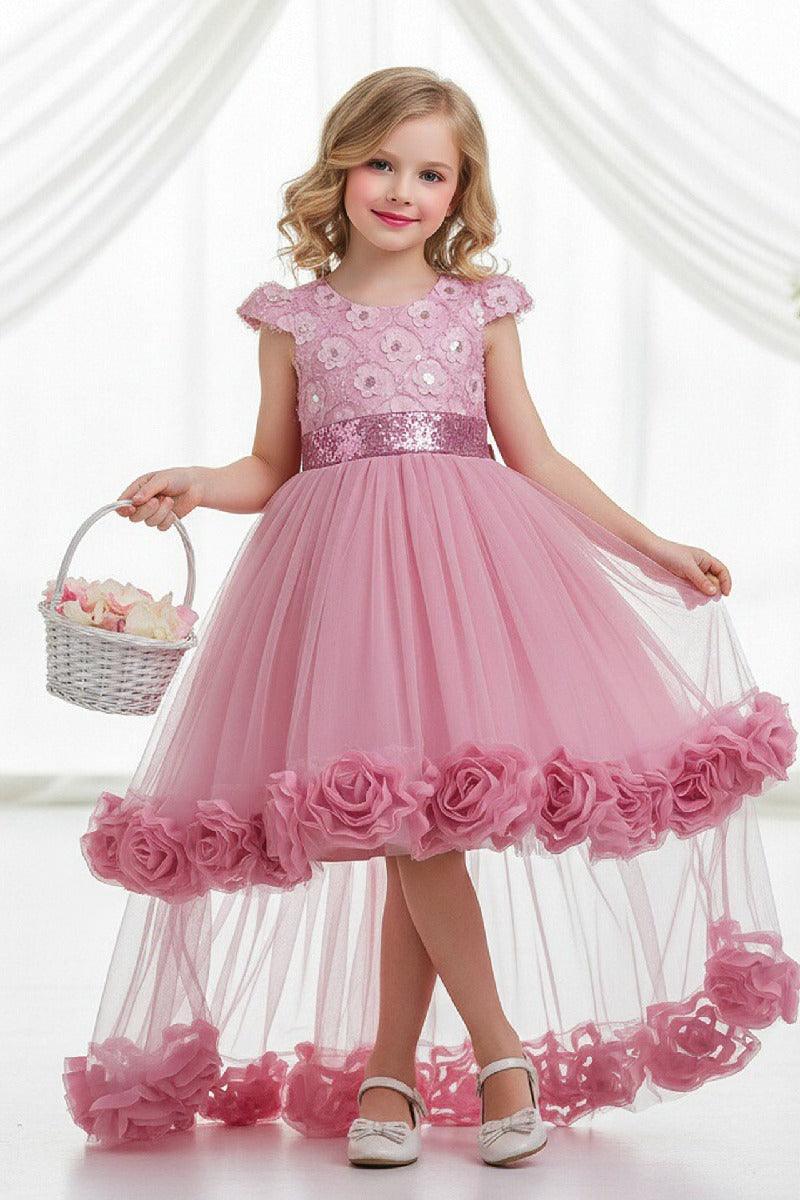 High-Low Cap Sleeve Sequin Lace Tulle Glitter Waistband Flower Girl Dresses 1049651569780 - 7 Days / Dusty Rose / 110cm - COCOMELODY